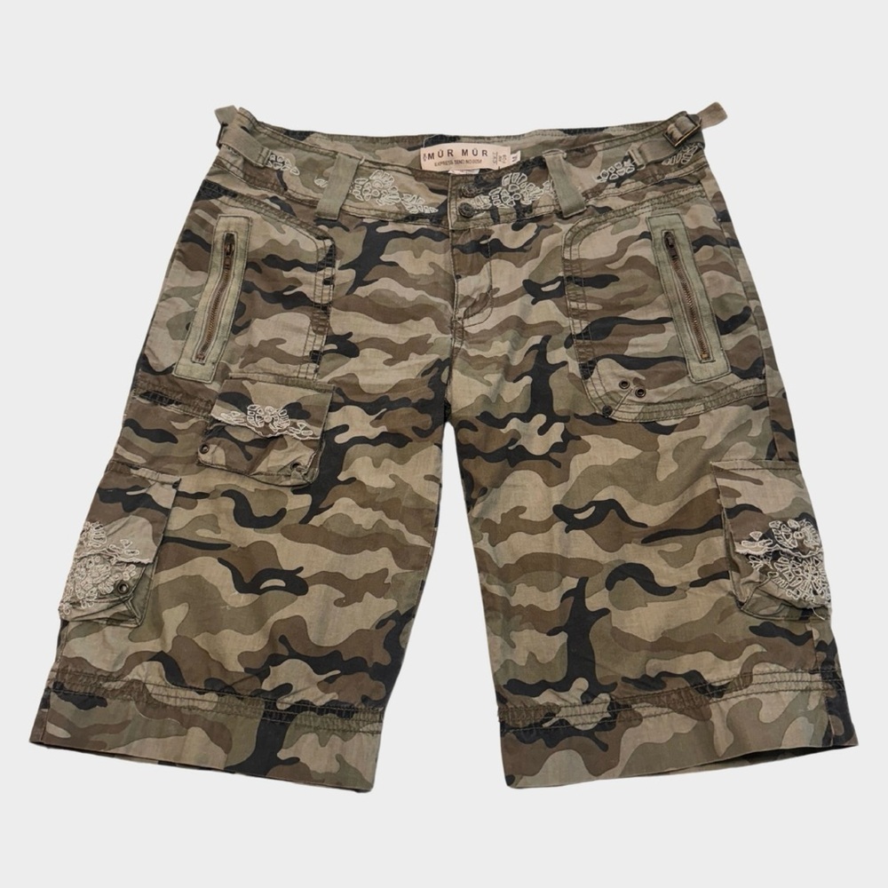 MUR MUR Women's Olive Camo Cargo Shorts with Lace Trim